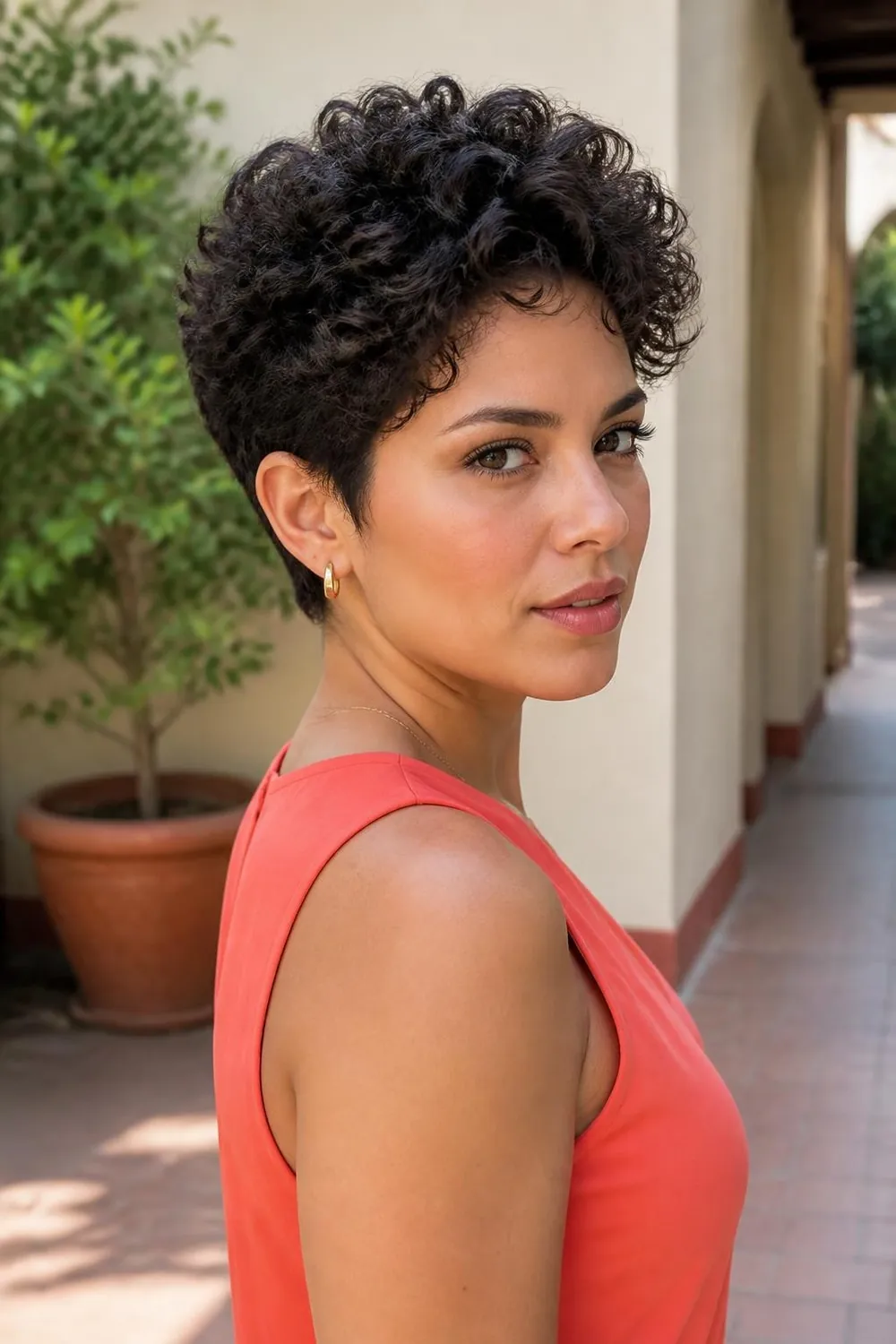 Curly pixie with tapered sides and defined curls on top for fine curly hair