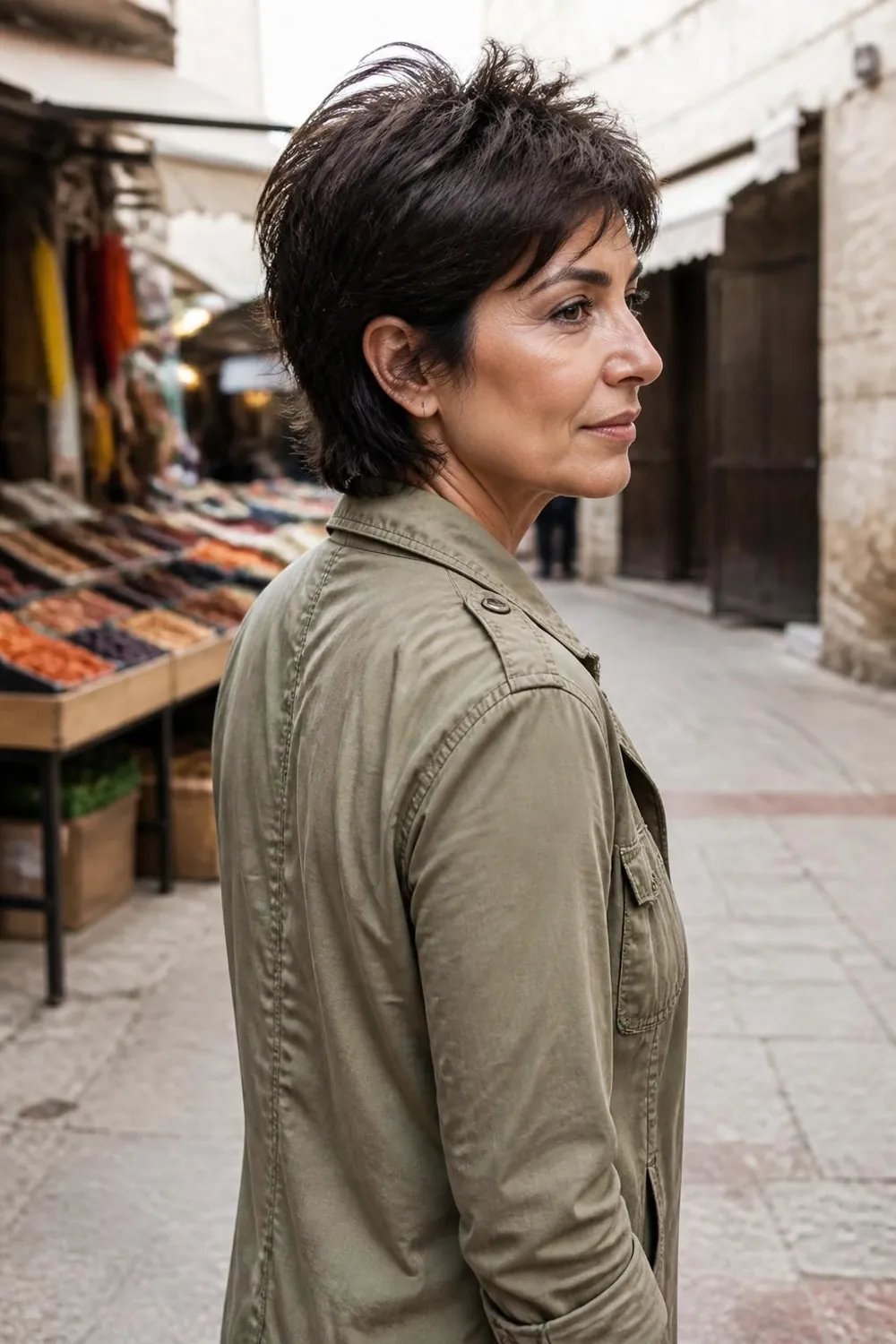 Shaggy grown-out pixie with longer layers over the ears on thin hair