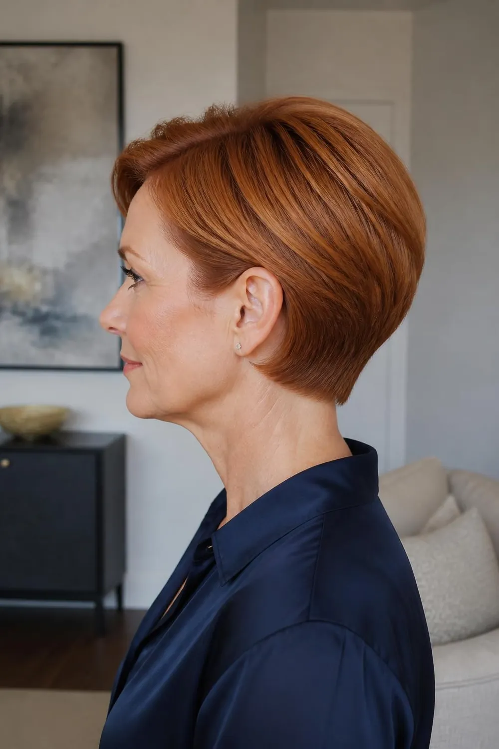 Sleek bixie tucked behind the ears with a smooth finish on straight fine hair