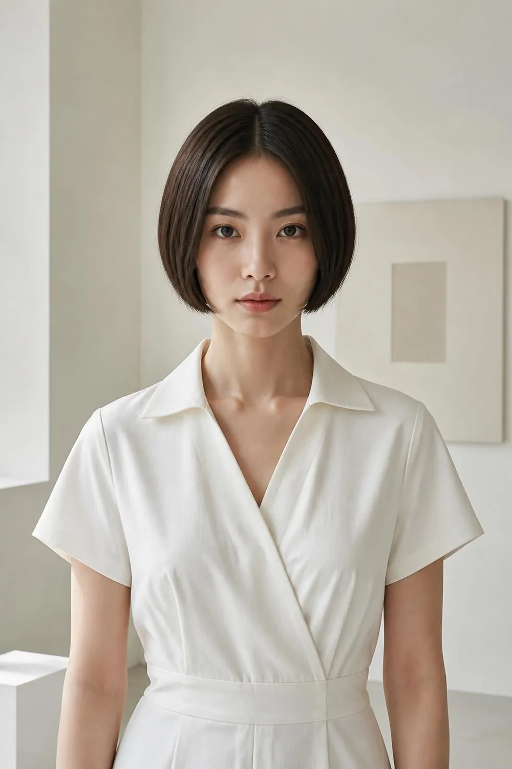 Micro bob cut at cheekbone length on fine straight hair for a bold short look