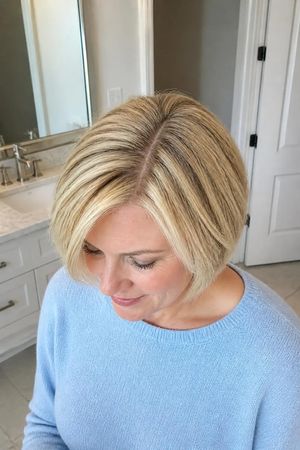 Short ear-length bob with a zigzag part that hides the scalp on fine hair