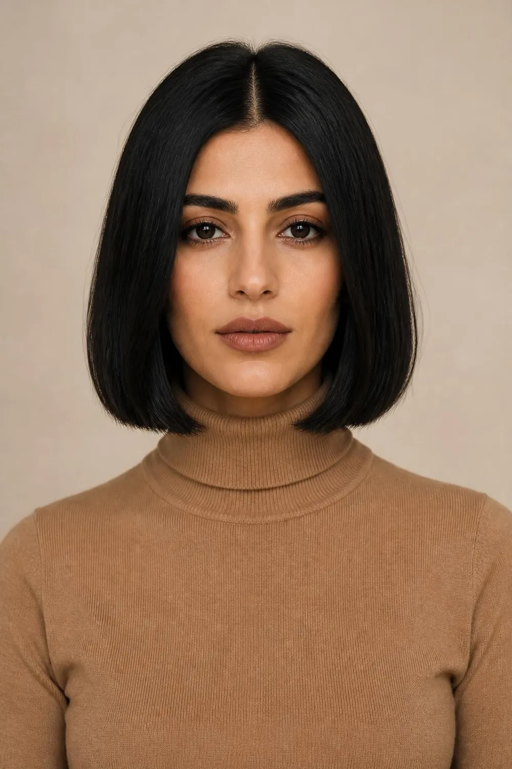 Lip-length blunt bob with a center part on thin straight hair