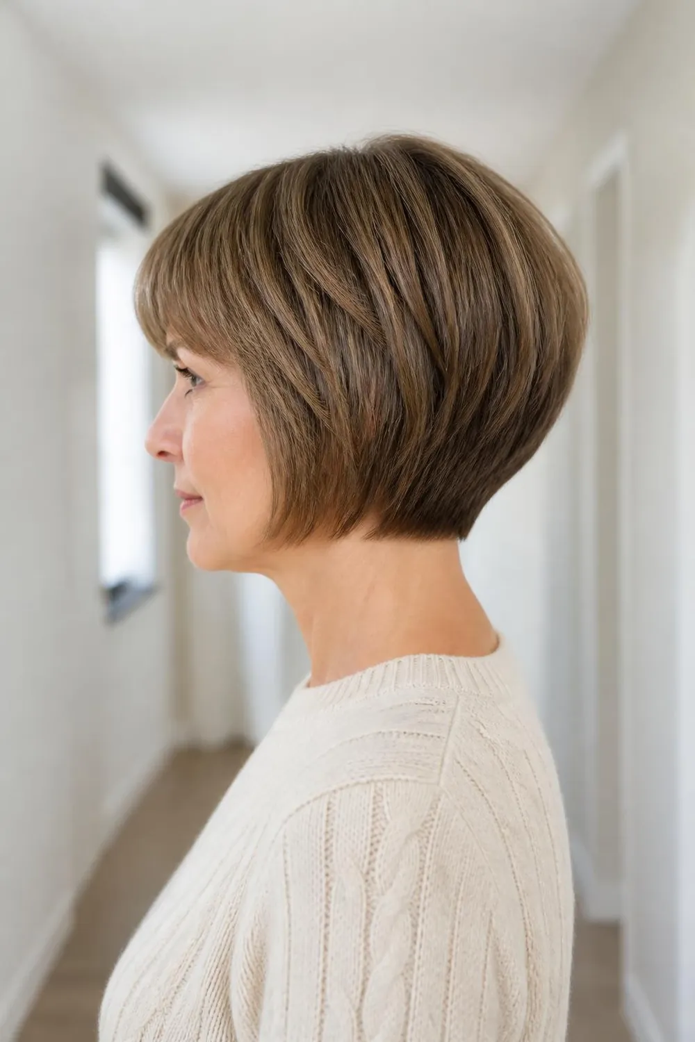 Graduated bob with a rounded back and short nape on fine thin hair
