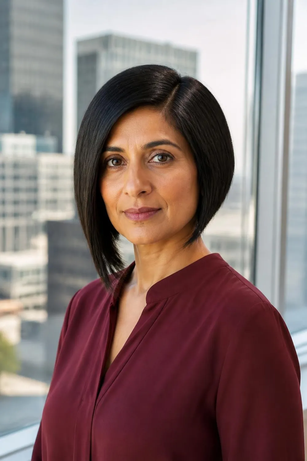 Asymmetrical bob with one side longer than the other on thin straight hair