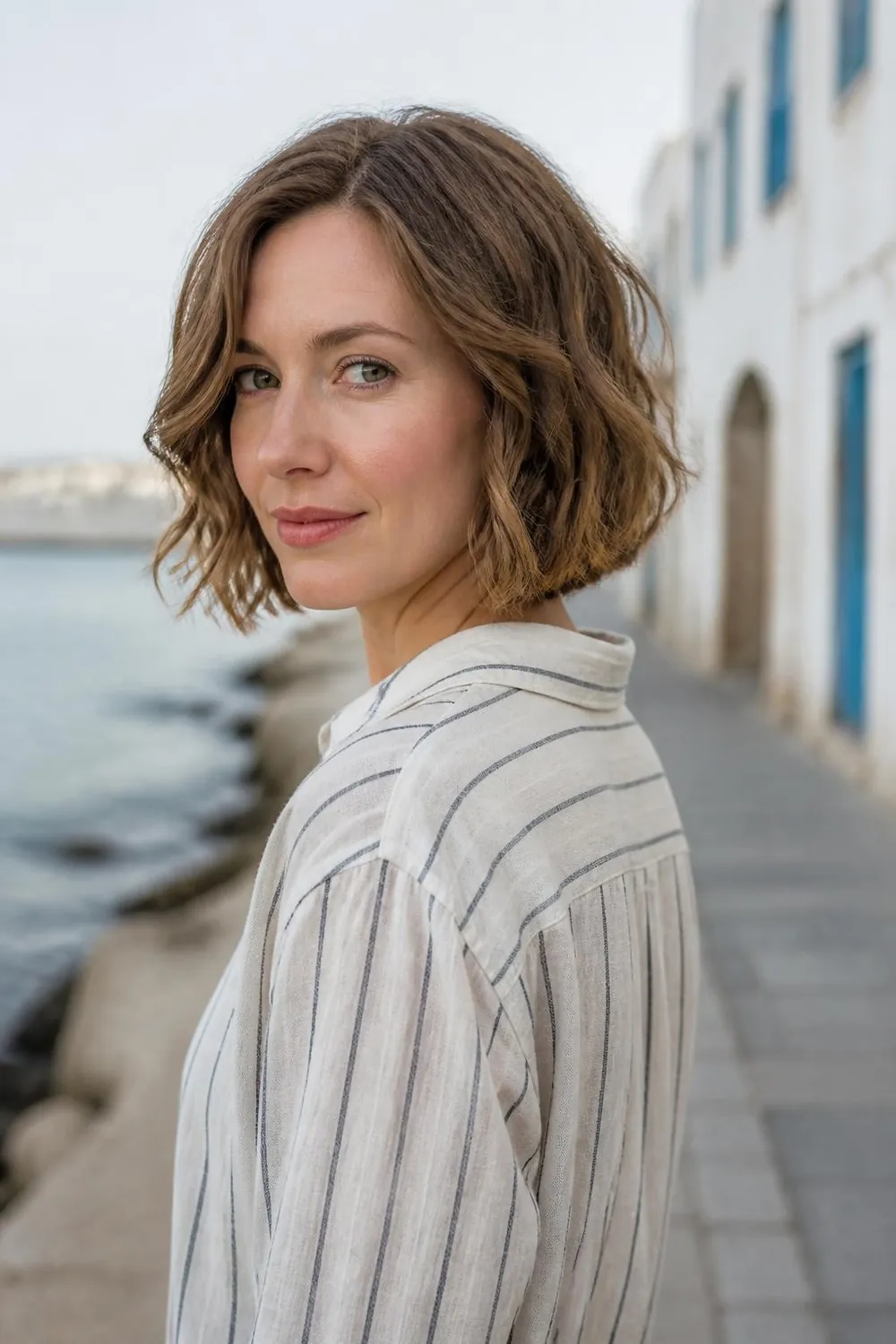 Undone wavy chin-length bob with loose texture on fine wavy hair
