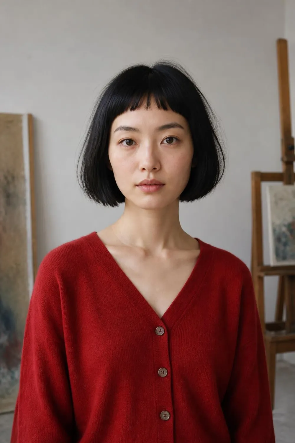 Chin-length bob with short choppy baby bangs on fine thin hair