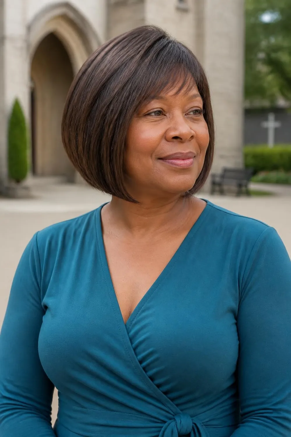 Chin-length bob with short crown layers and a solid blunt base for fine hair