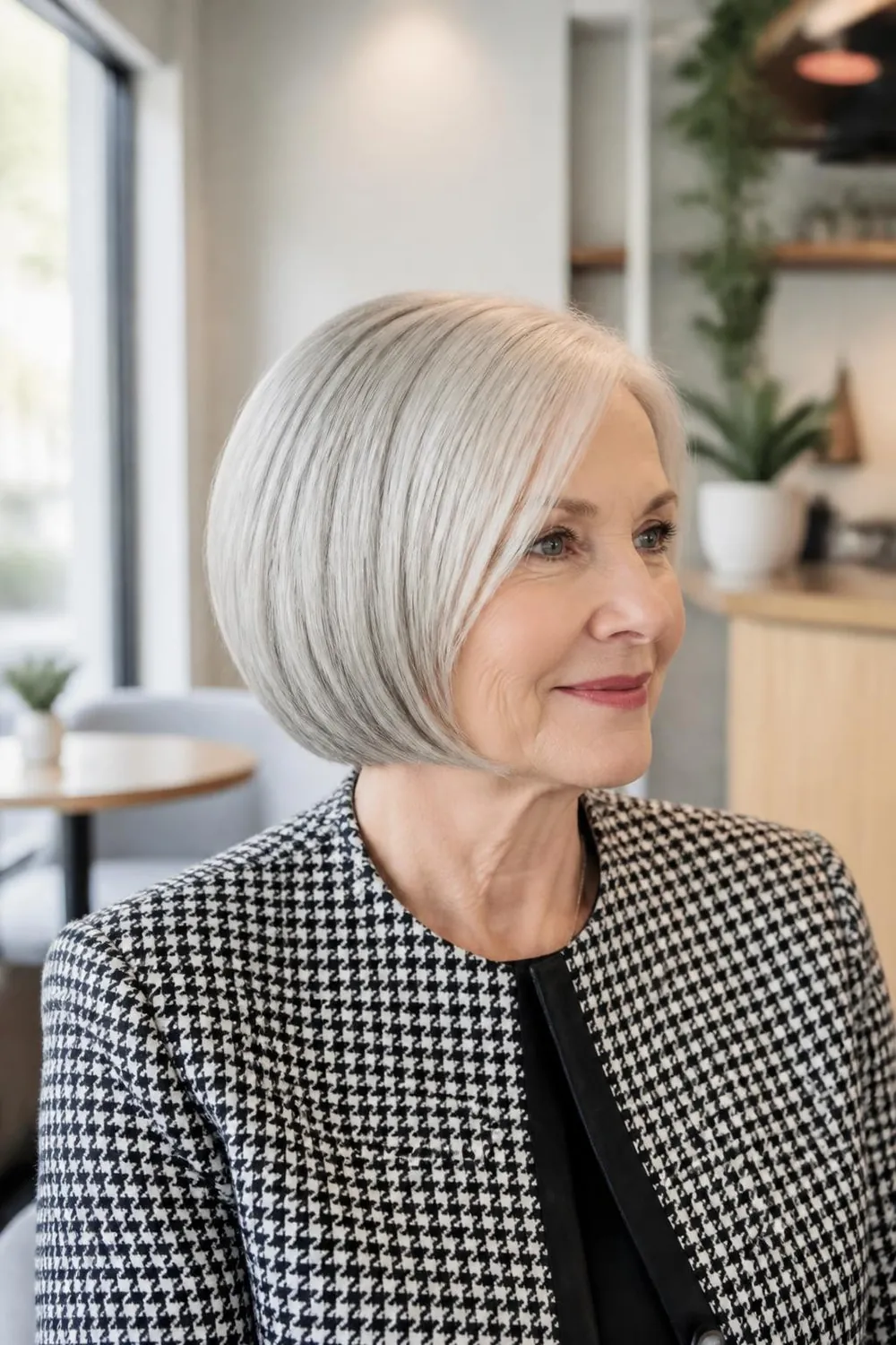 Sleek jaw-length bob with ends tucked under on fine straight hair