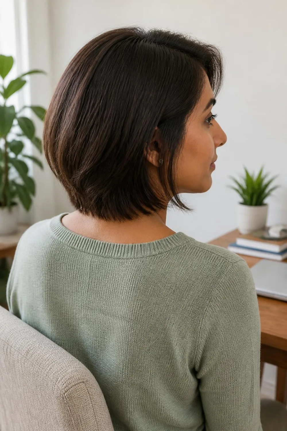 Collar-skimming bob with soft point-cut ends on fine thin hair