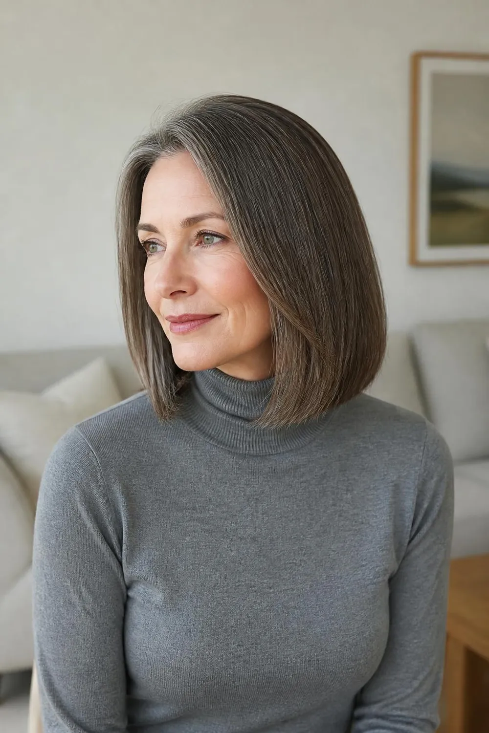 Mushroom brown hair color blended with natural gray on a woman with fair skin