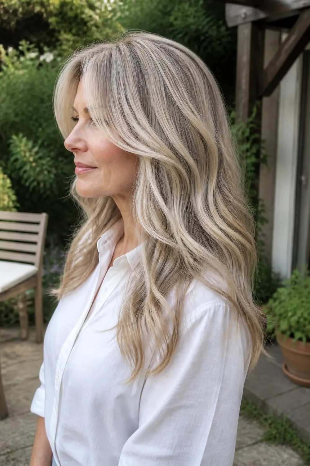 Champagne blonde highlights melting into light gray on a woman with long layered hair