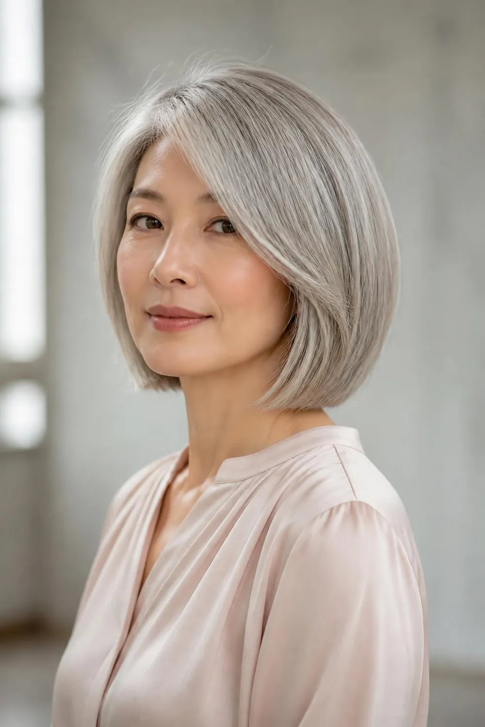Pearl toned blonde and gray hair with an opal sheen on a woman with a lob