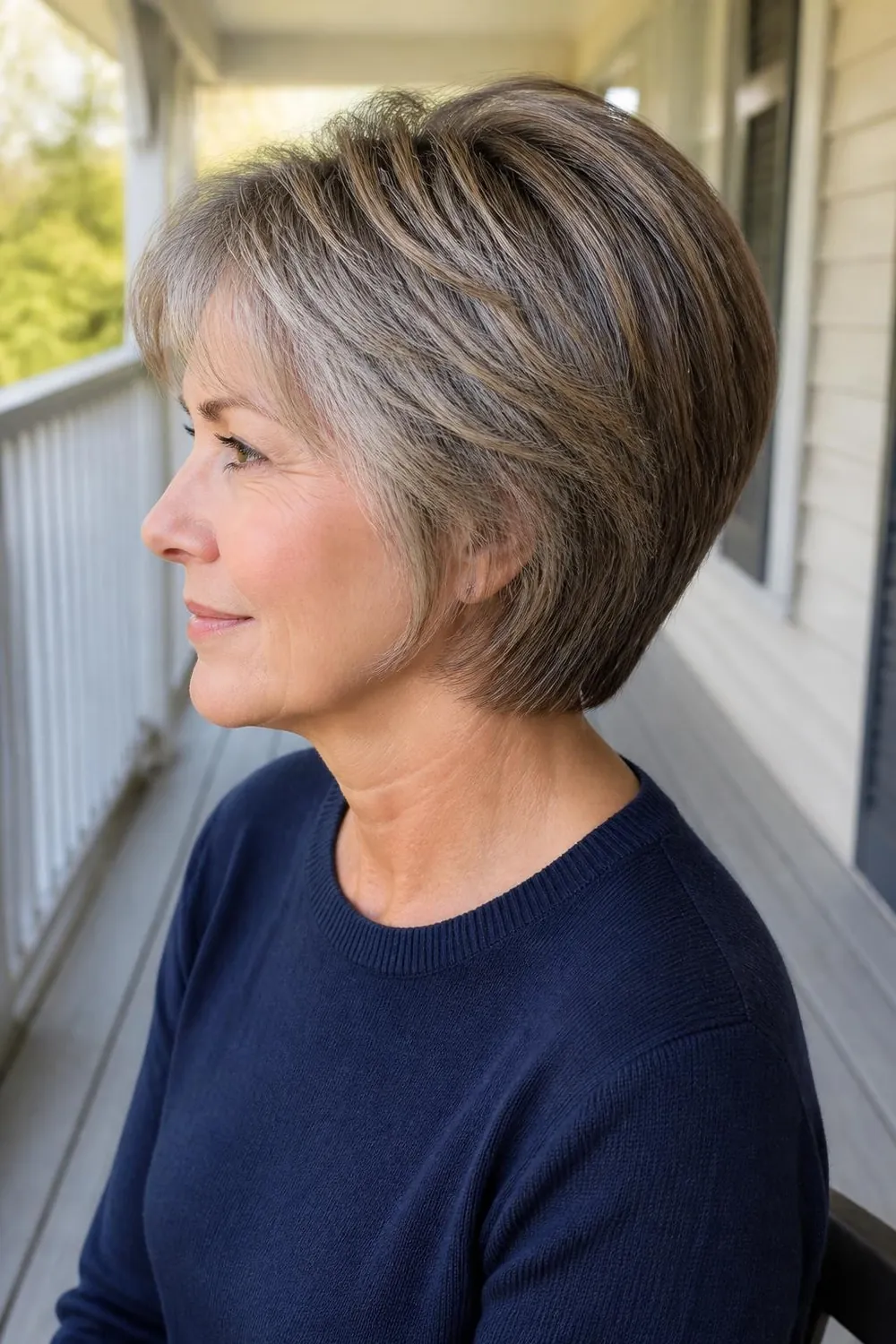 Salt and pepper hair with fine ash brown lowlights adding depth to a short cut