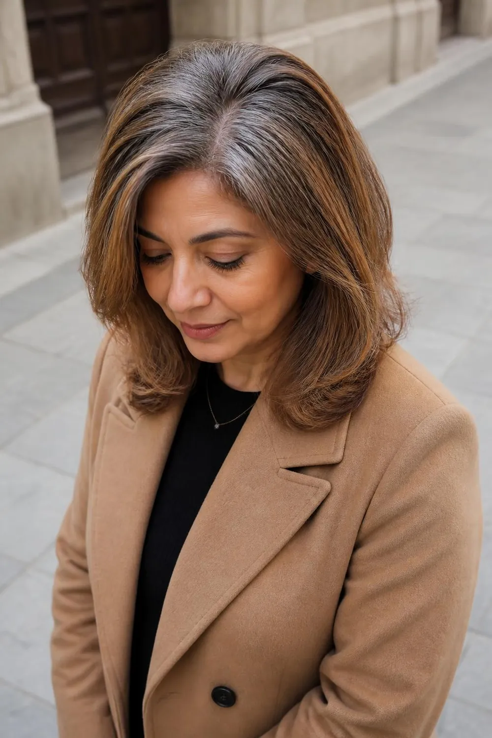 Root smudge blending gray roots into colored brown lengths on shoulder-length hair