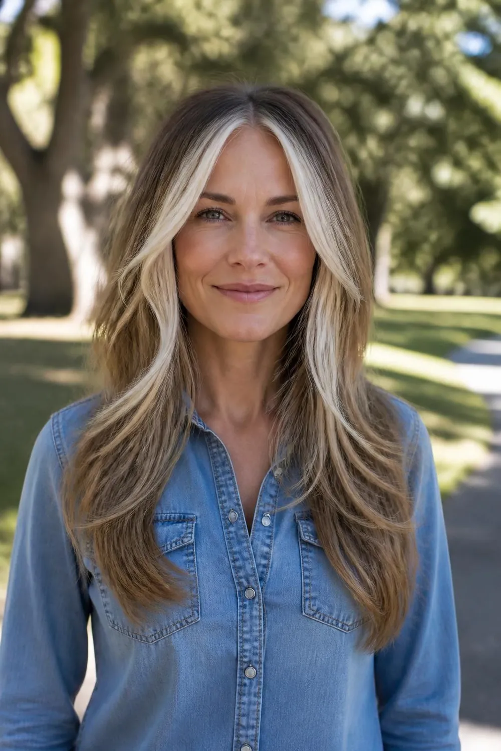 Bright silver face-framing strands on dark blonde hair with long layers