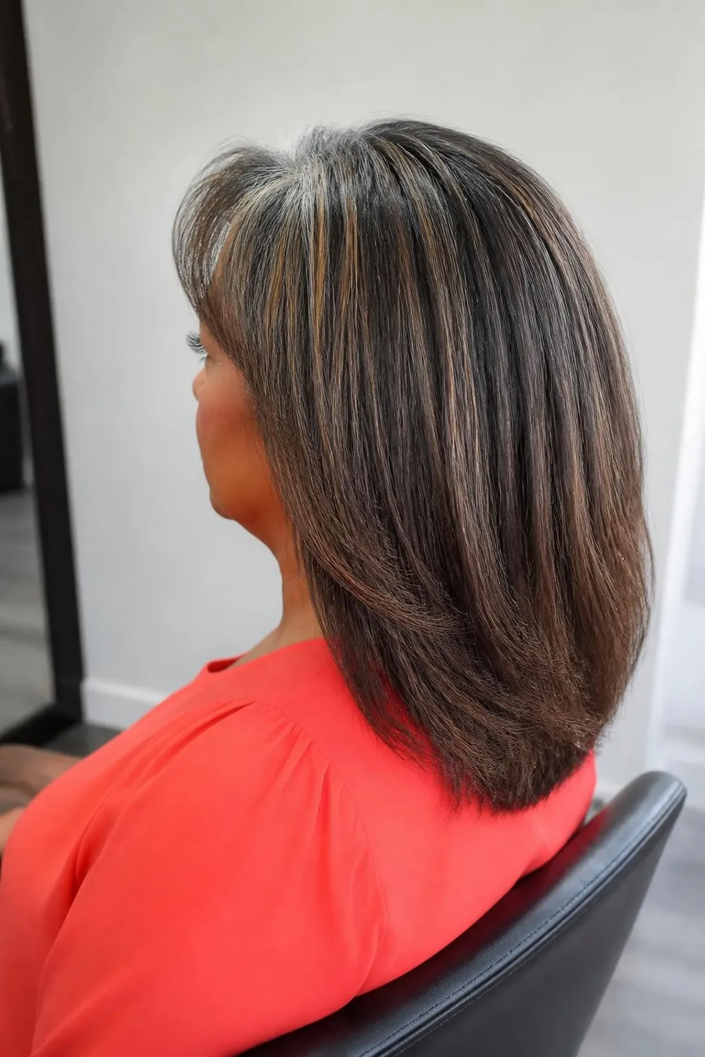 Heavy fine highlights breaking up dark dyed hair as gray roots grow in