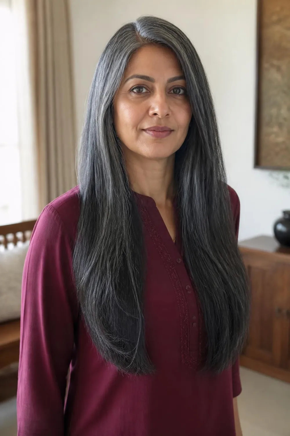 Charcoal gray toned hair evening out white temples and dark brown lengths