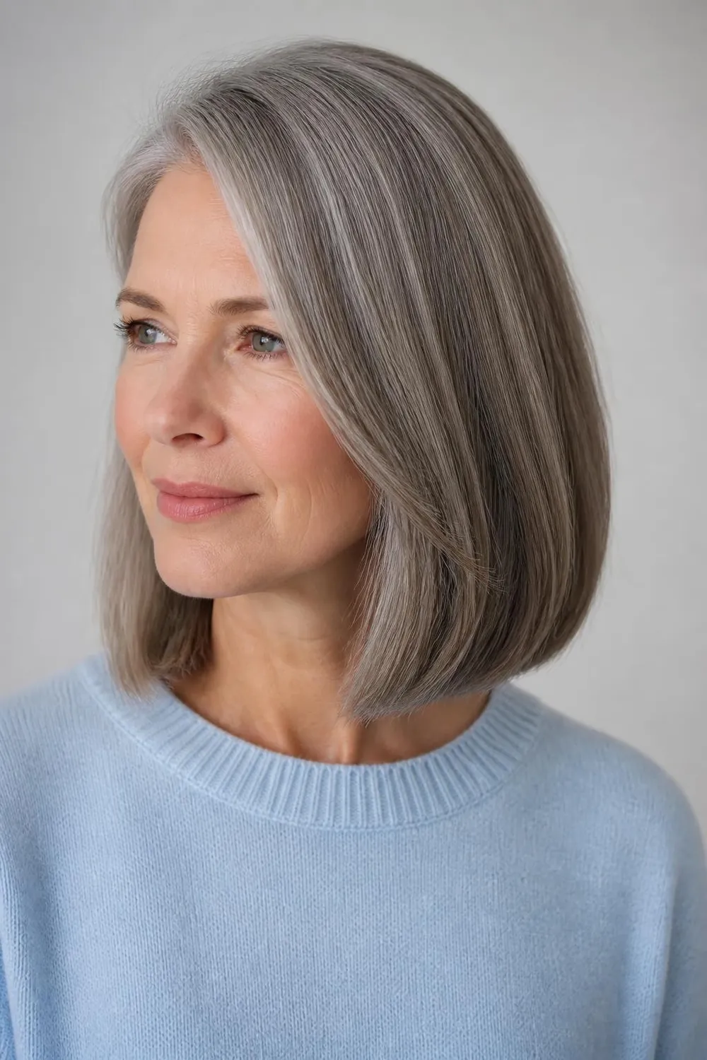 Pewter gray hair with soft lowlights and a satin finish on a long bob