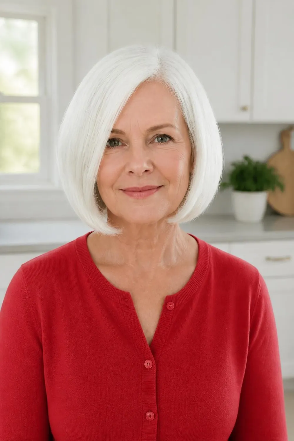 Fully white hair kept bright and crisp with violet toner on a chin-length bob