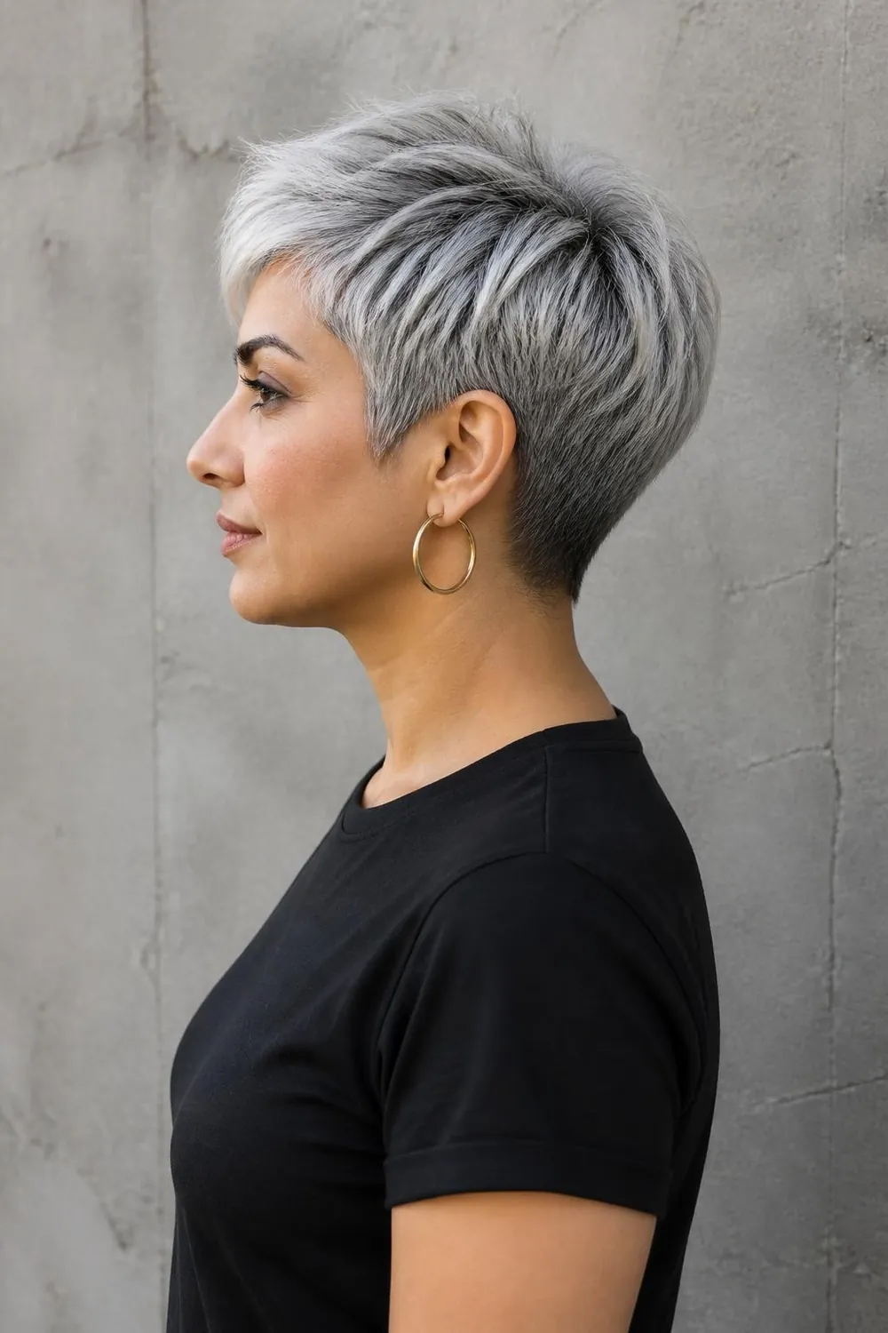 Silver pixie cut toned icy at the crown with deeper gray at the nape