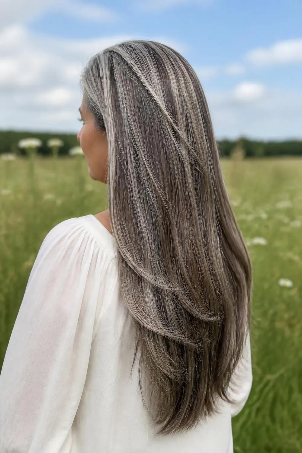 Long hair with ribbons of bright silver and slate lowlights for dimension