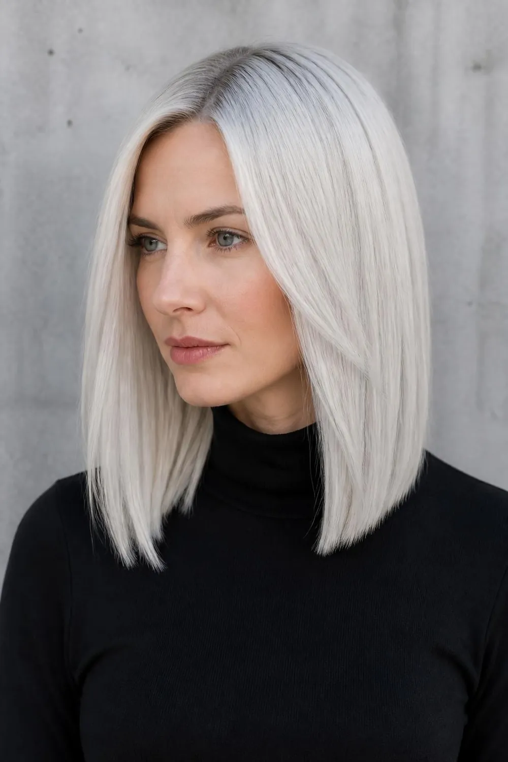 Icy silver platinum hair with a cool almost white tone on a sleek long bob