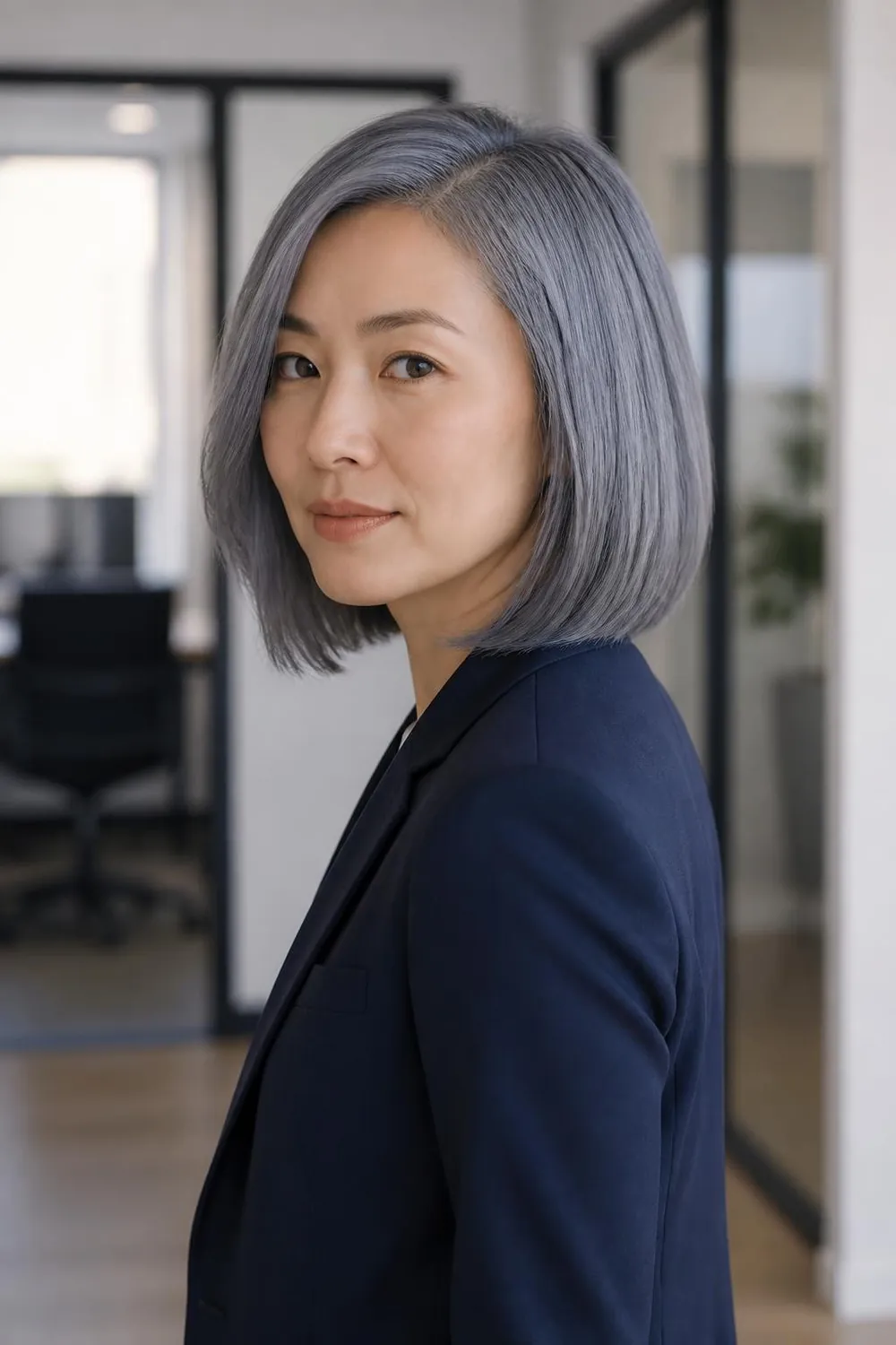 Steel blue silver hair color with a cool brushed metal tone on a shoulder-length cut