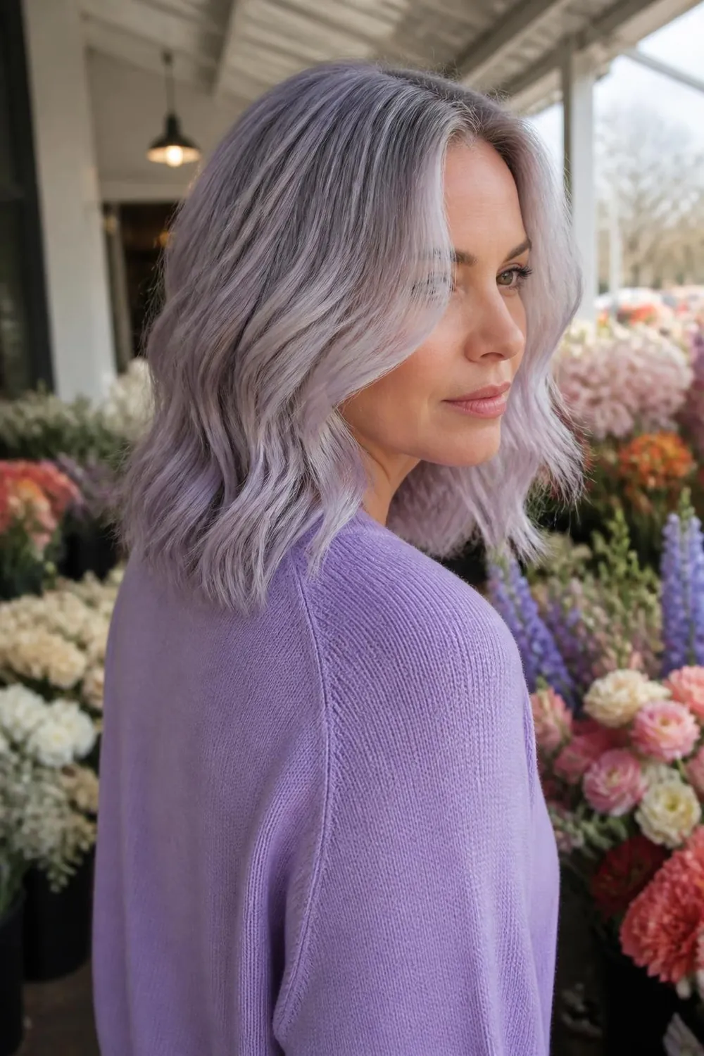 Silver hair with a pale lilac gloss on soft shoulder-length waves