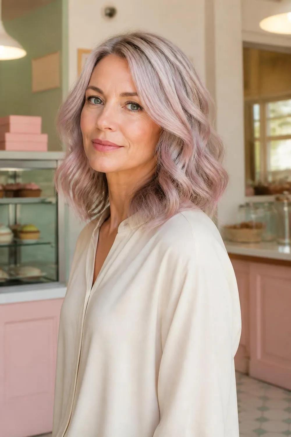Silver hair with a sheer blush pink tint on a woman with fair skin and waves