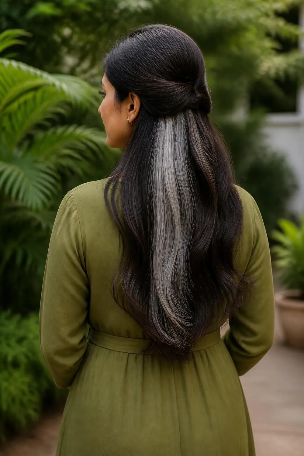 Dark brown hair with a hidden silver underlayer showing in a half-up style