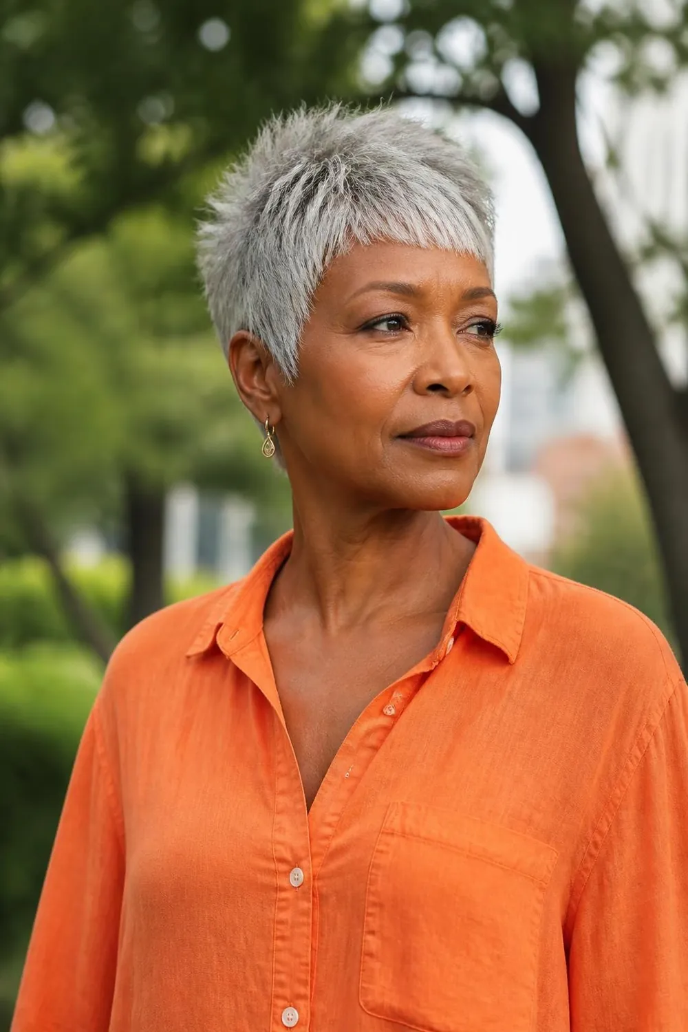 Choppy gray crop with a short piecey fringe for coarse hair over 50