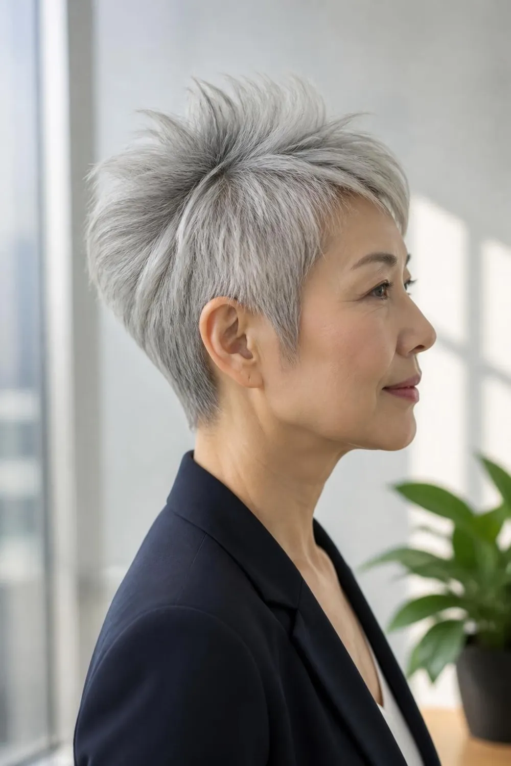 Silver pixie with short lifted layers at the crown for fine gray hair