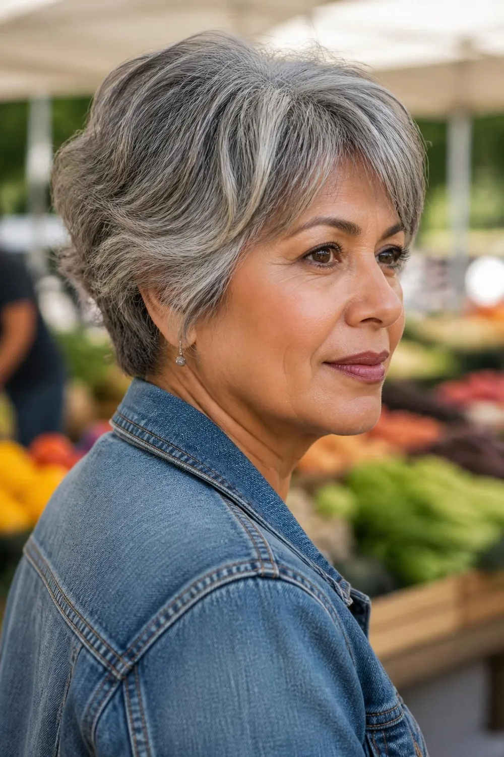 Ear-length gray bixie haircut with soft shaggy layers over the ears