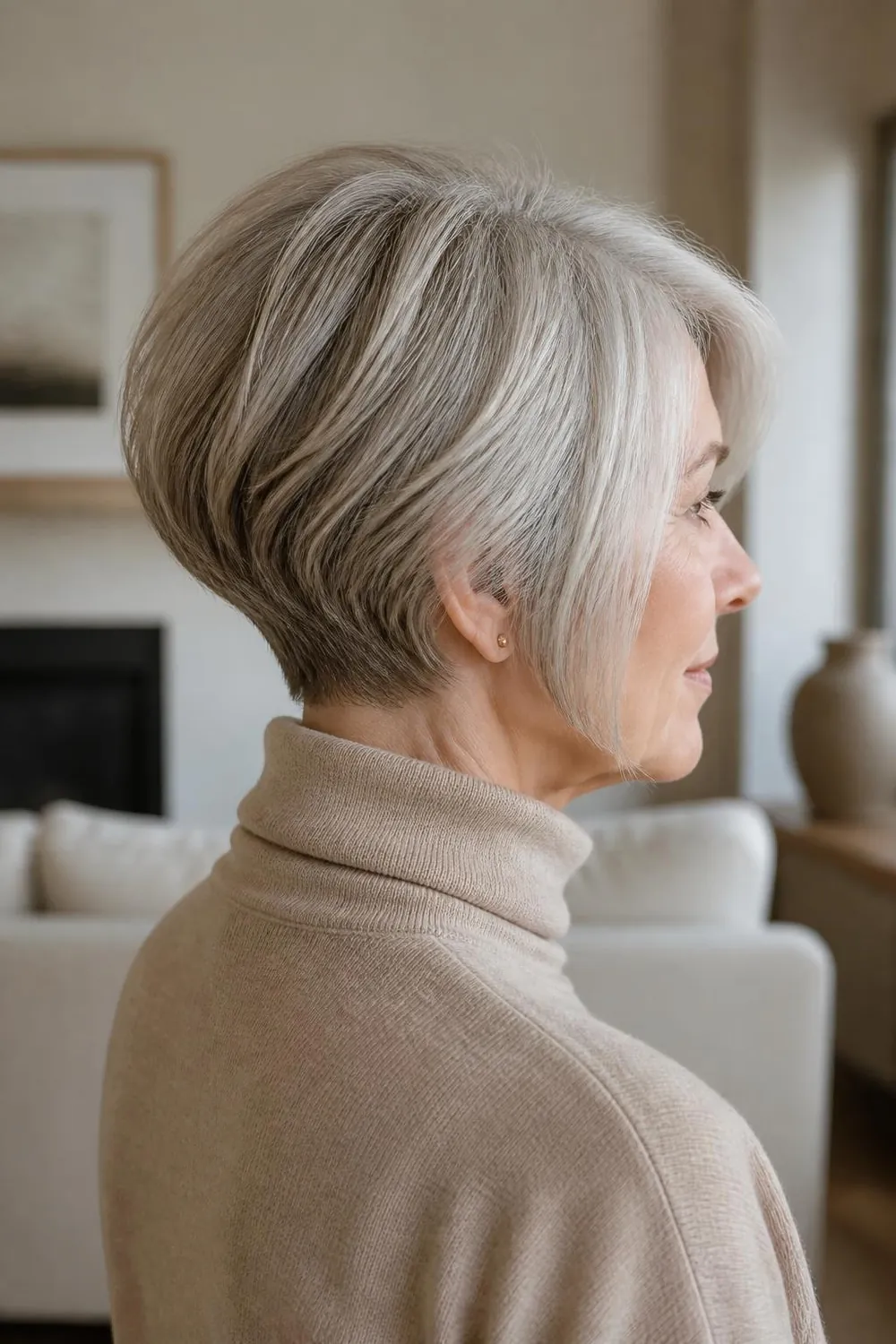 Stacked silver bob with a graduated nape and longer front pieces