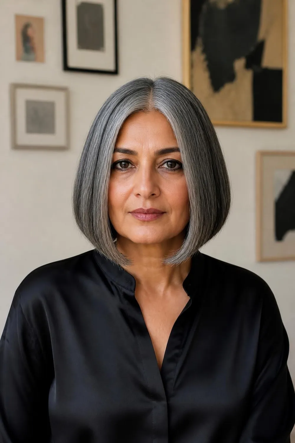 Chin-length blunt bob in natural salt and pepper hair with a center part