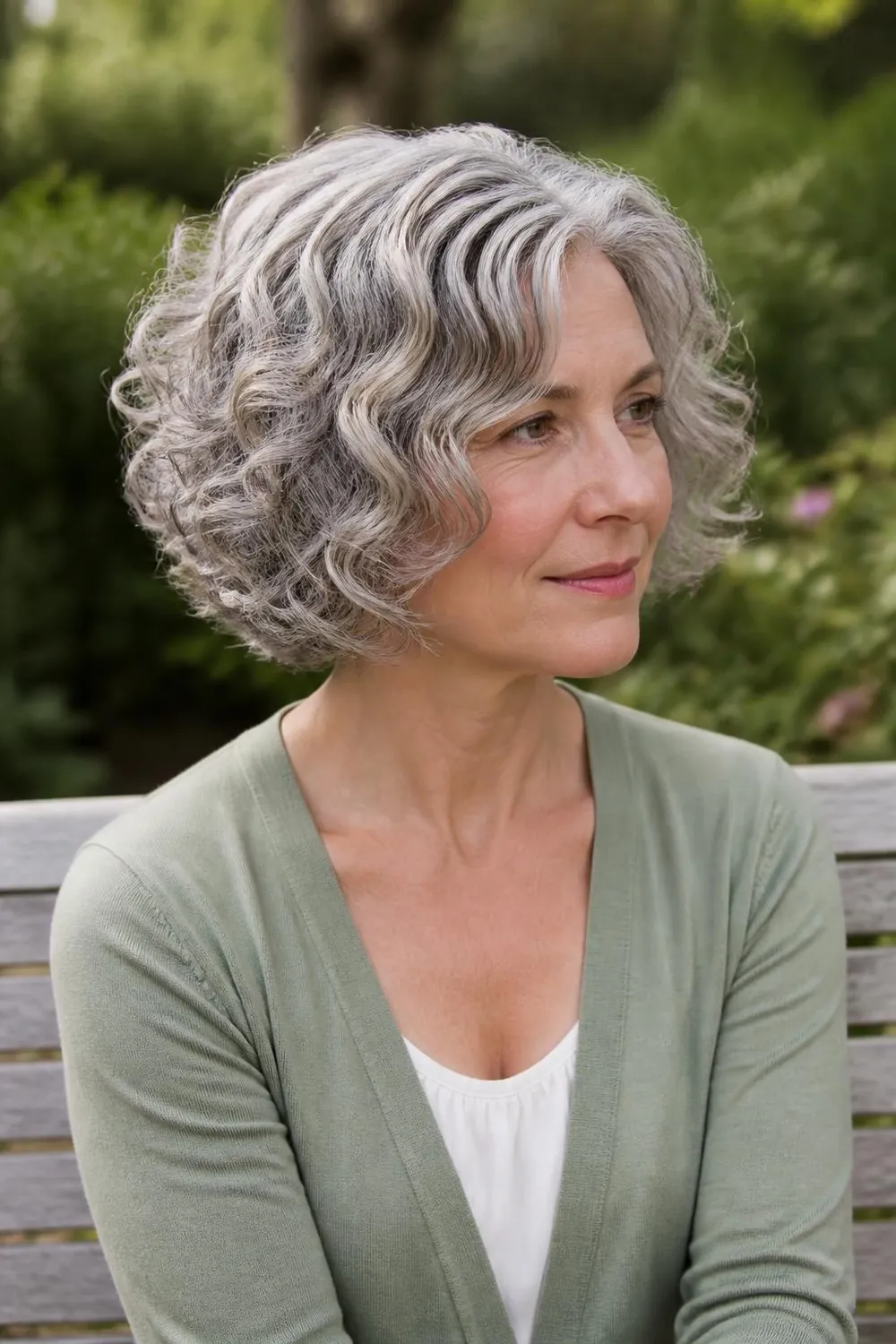 Soft chin-length gray curls with rounded layers on a woman over 50