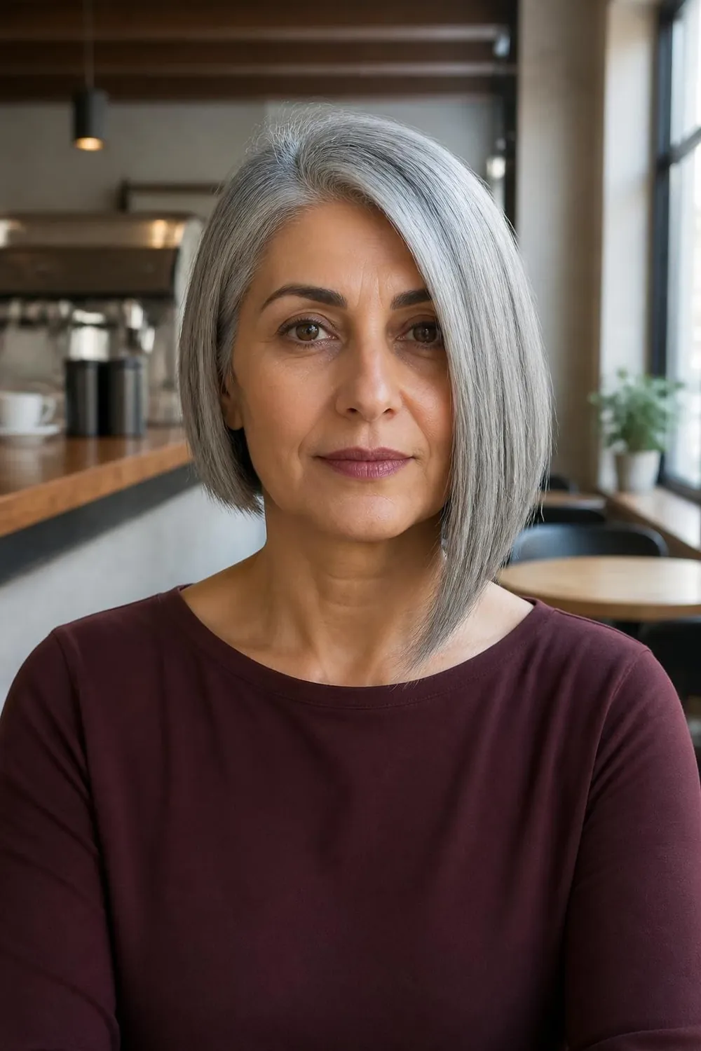Asymmetrical gray bob with one side longer and a deep side part