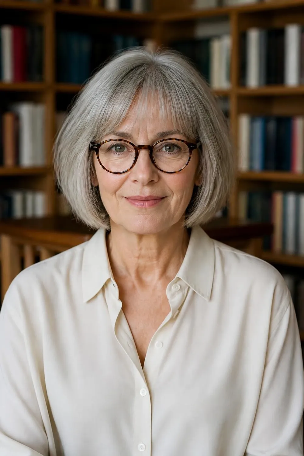 Gray chin-length bob with wispy see-through bangs framing the eyes