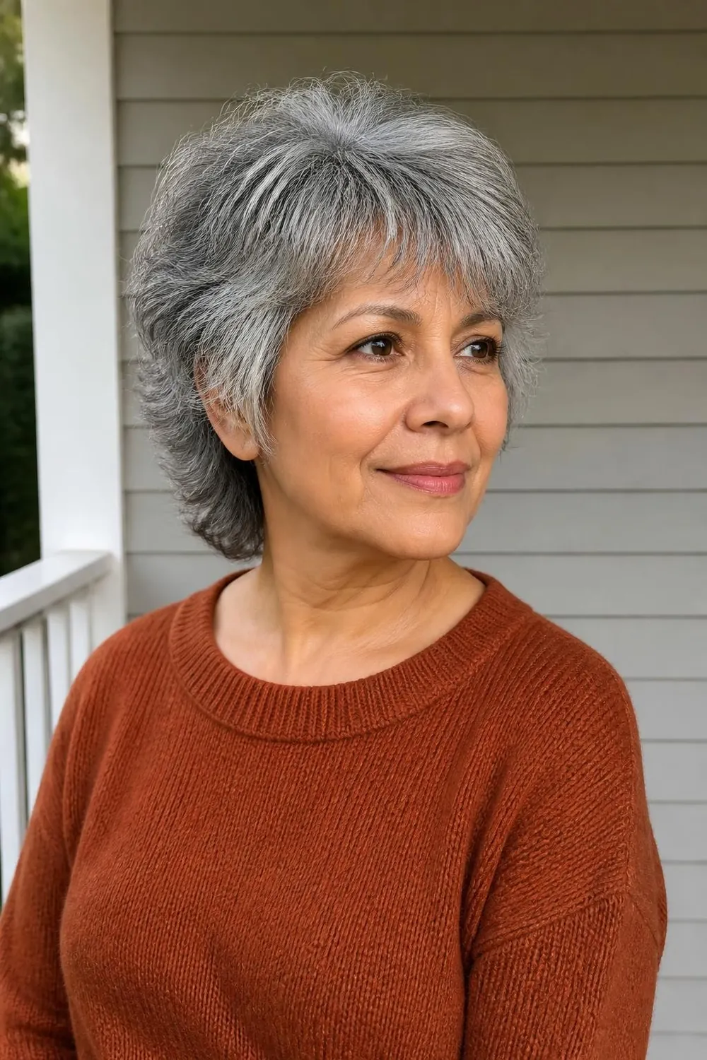 Short gray shag with choppy layers and a feathered fringe for thick hair