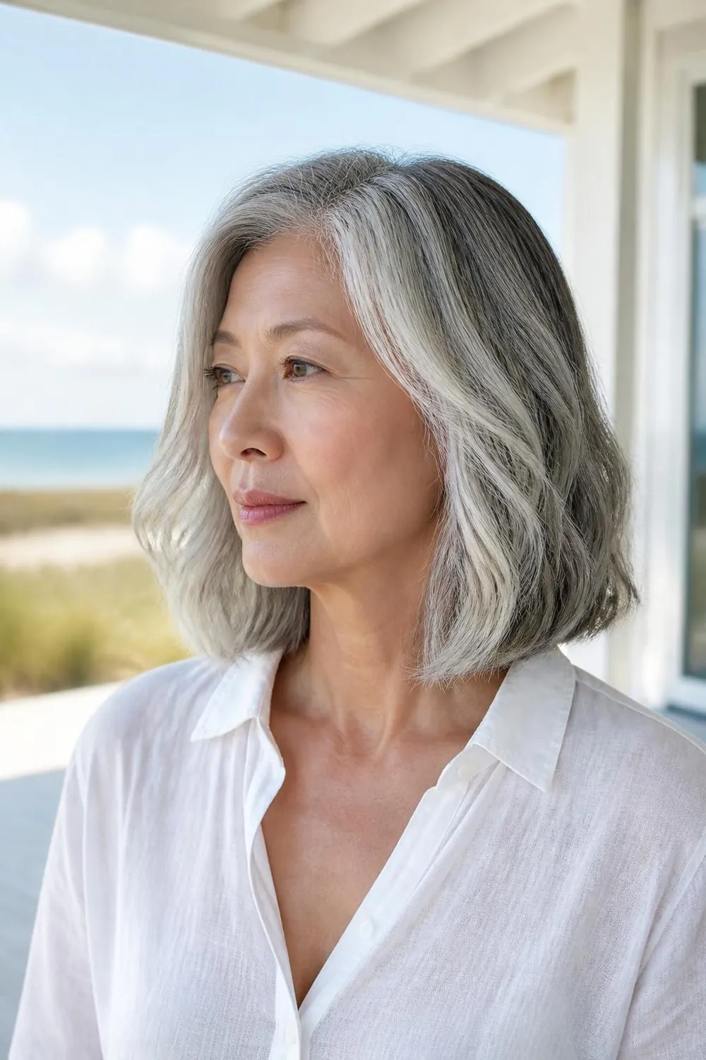 Silver collarbone-length lob with loose bends on a woman in her fifties