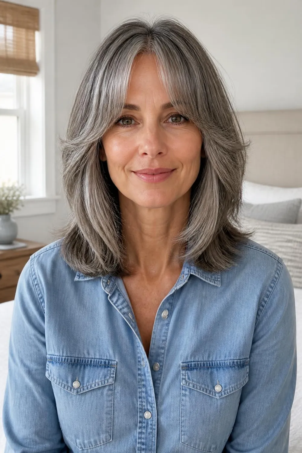 Shoulder-length gray hair with curtain bangs parted in the center