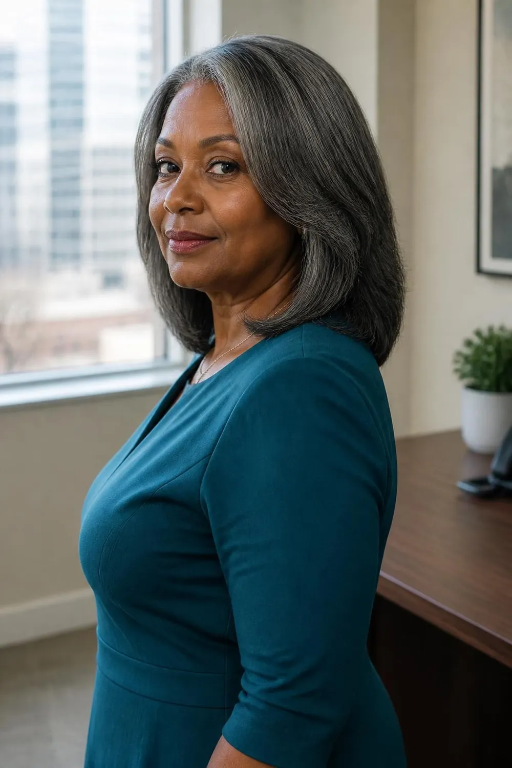 Medium-length thick gray hair with internal layers removing bulk