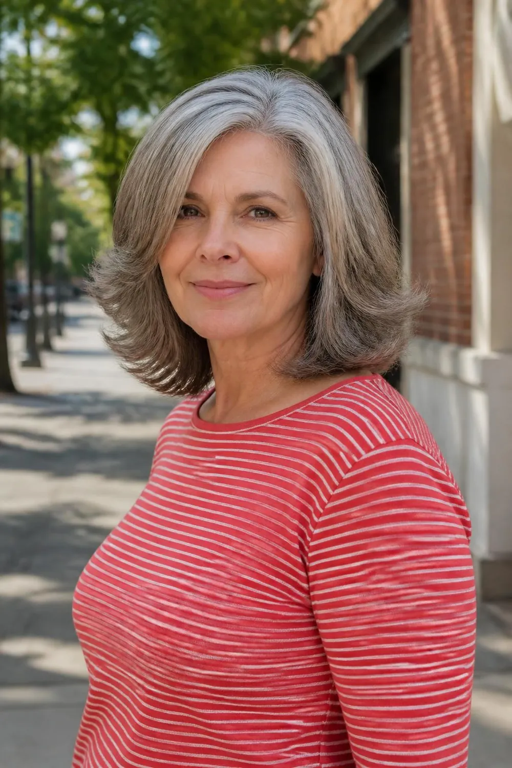 Shoulder-length gray hair with ends flipped outward in a retro style