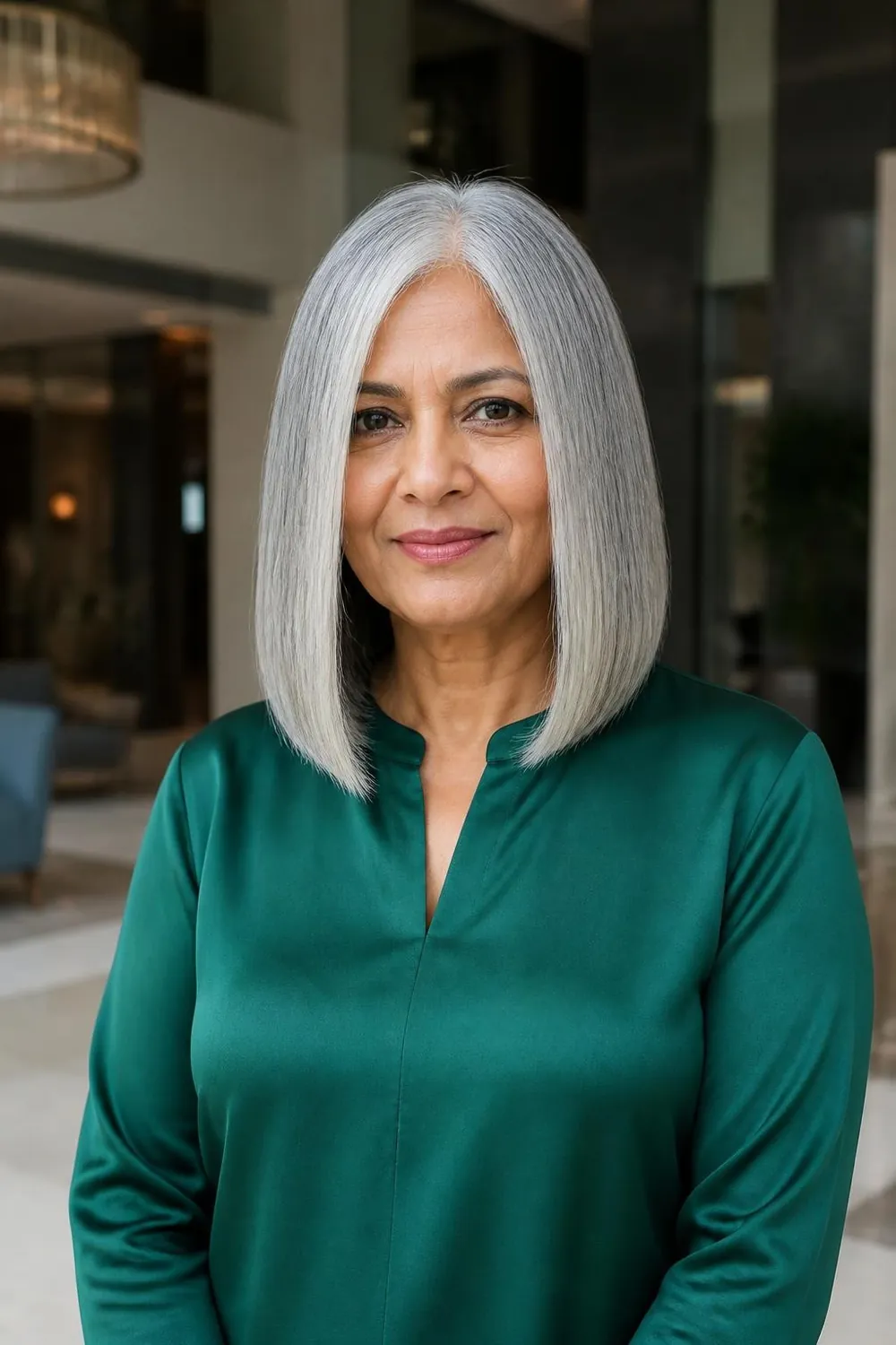 Sleek silver lob with a center part and blunt ends at the collarbone