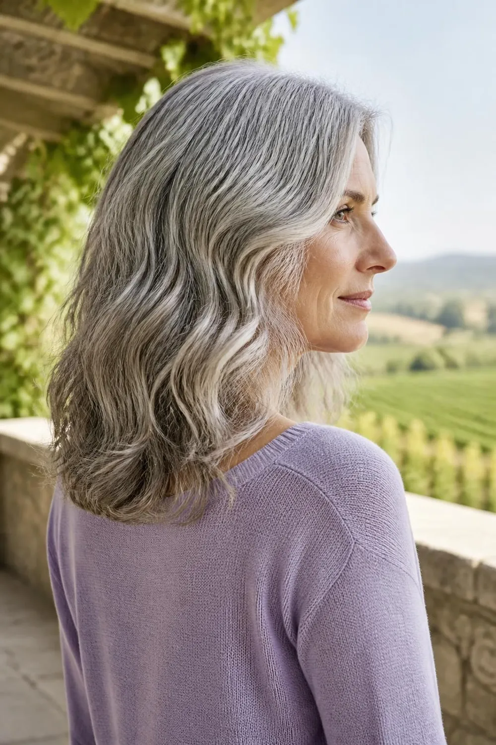 Shoulder-length gray hair styled in loose alternating waves