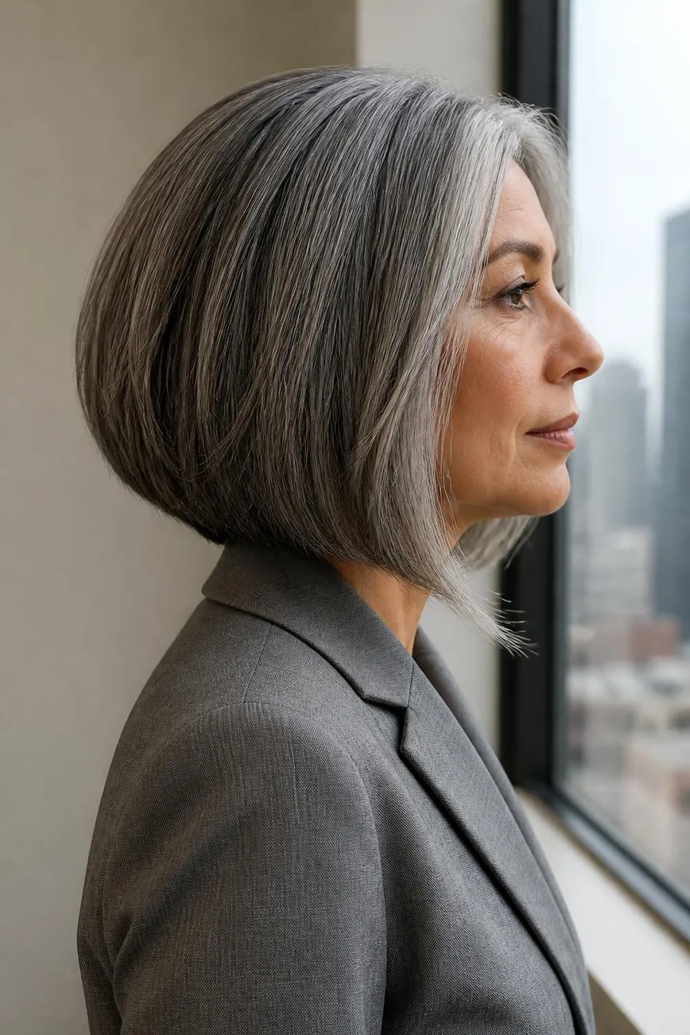A-line gray lob with fine silver highlights brightening the face