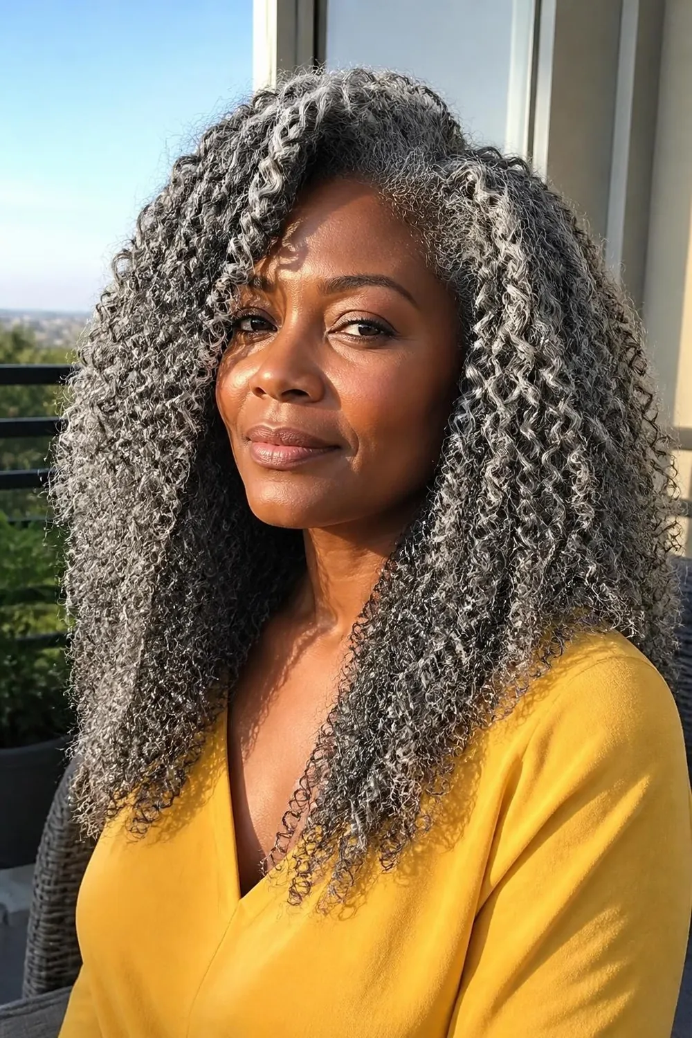 Shoulder-length natural gray curls defined with a wash-and-go routine