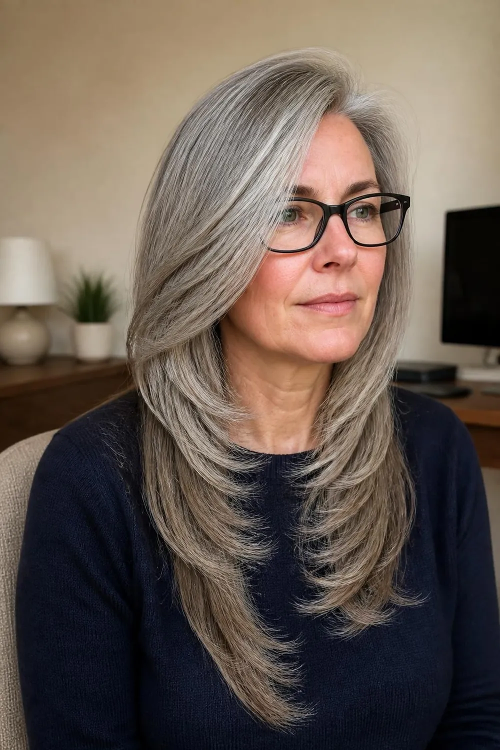 Medium gray hair with side-swept layers that stay clear of eyeglasses
