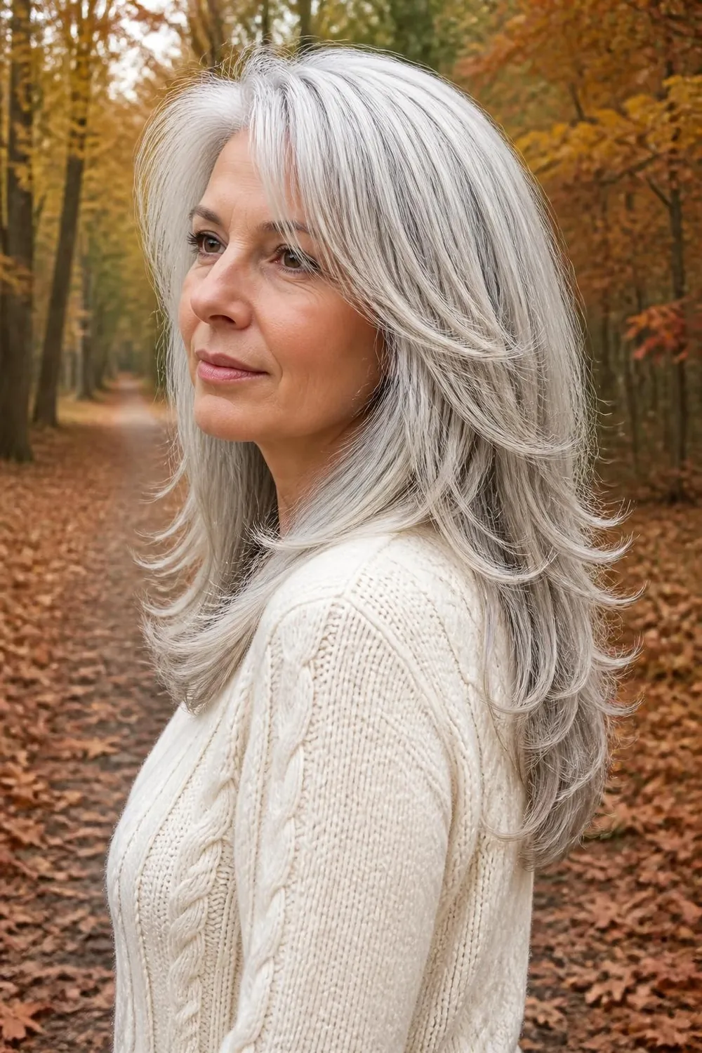 Long layered silver hair with cascading layers starting below the chin