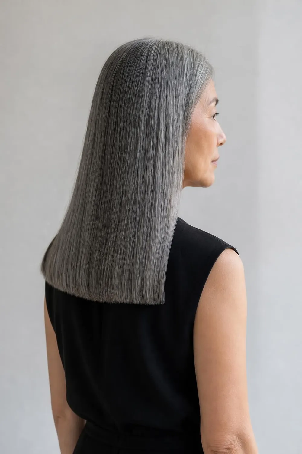 Long gray hair cut one length with a blunt hemline below the shoulders